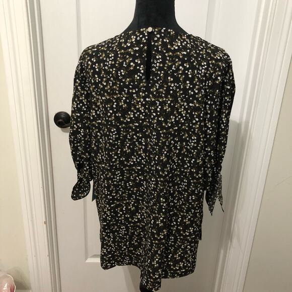 Cece Womens Blouse Size Large Black White Floral Tie Sleeve‎ Keyhole Back Top - Picture 7 of 12